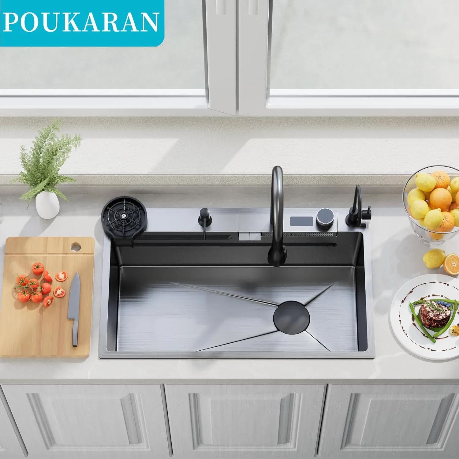 Shark Waterfall Two Button Dual Function Faucet Stainless Steel Handmade Kitchen Sink