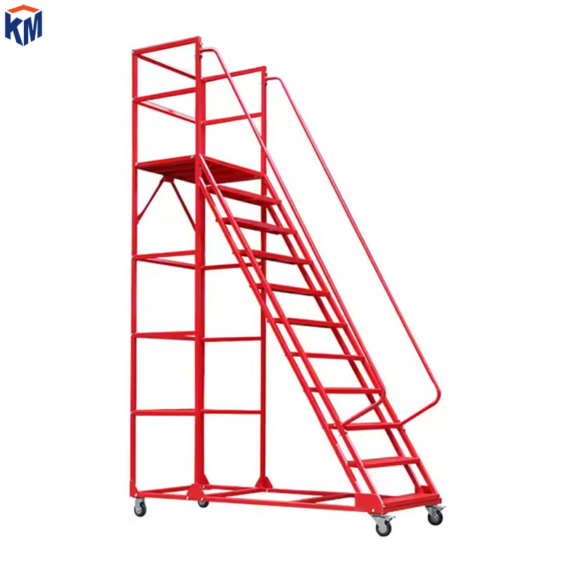 Warehouse Climbing Ladder Mobile Platform Supermarket Shelf with Fence to Pick up Goods Carbon Steel Industrial Climbing Car Pulley Working Ladder