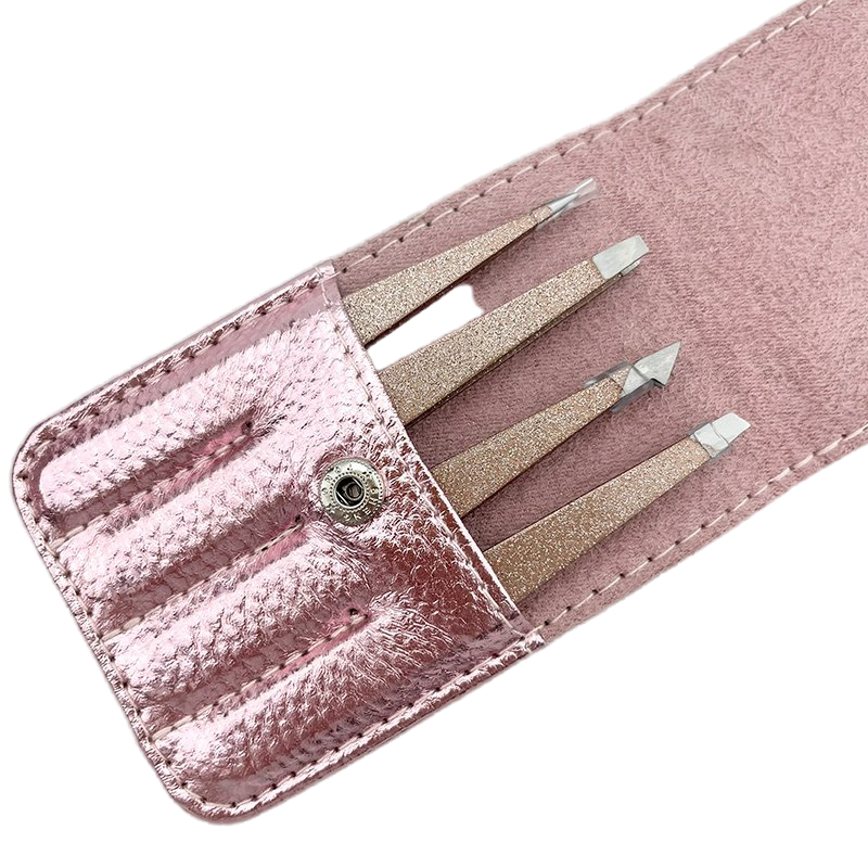 Make Your Own Logo Cosmetic Private Label Tweezer 4PCS Black Pink Gold Pointy Eyelash Eyebrow Tweezers Set with Pouch