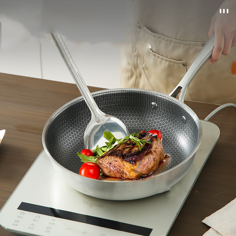 Stainless Steel Flat Bottomed Honeycomb Non Stick Stir Fry Pan for Steak Deep Frying Wok
