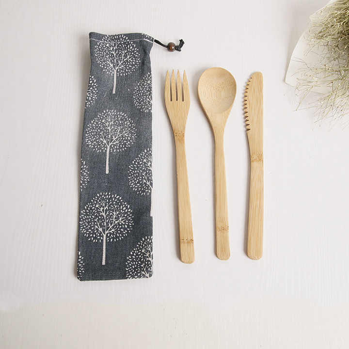 Portable Reusable Bamboo Flatware Set with Bag for Kids & Adult - Bamboo Spoon, Knife, Fork Pouch
