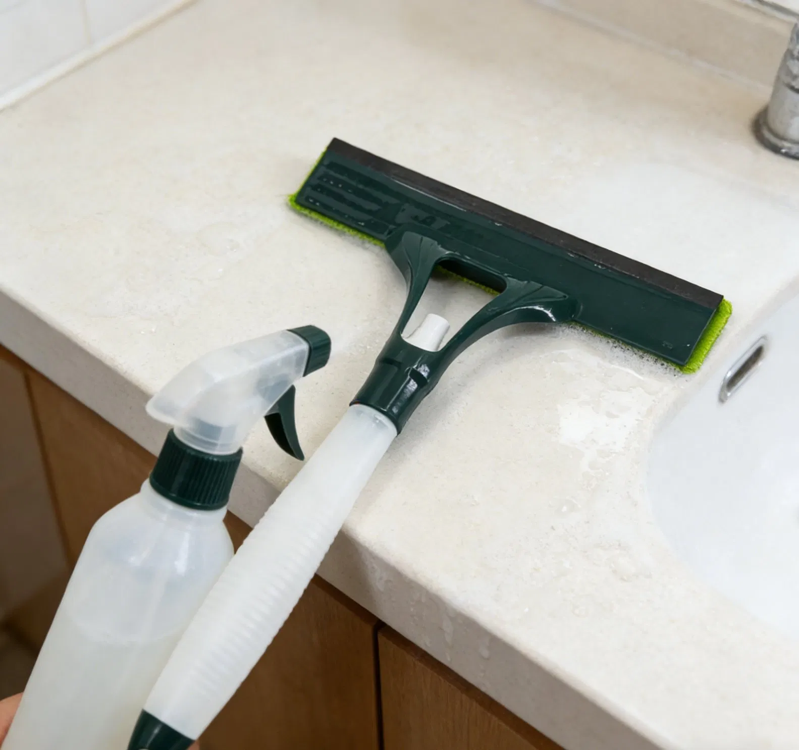 2-in-1 Spray Window Squeegee with Built-in Sprayer Multi-Surface Glass Cleaner for Bathroom, Shower & Car