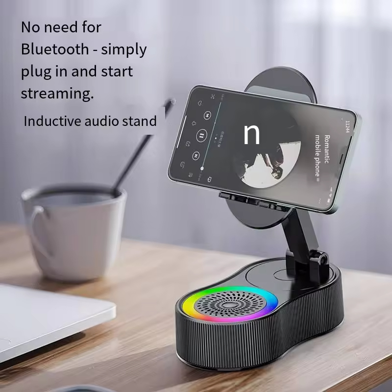 2025 3-in-1 Portable Foldable Phone Stand Wireless Charger, Bluetooth Speaker, RGB Lights, Desktop Live Streaming Holder for Home, Outdoor, Music, Gaming