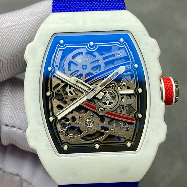 Top-Tier Replica Tonneau-Shaped Wristwatch with a Fully Skeletonized Design and Colored Bezel; a High-End Mechanical Men's Watch.