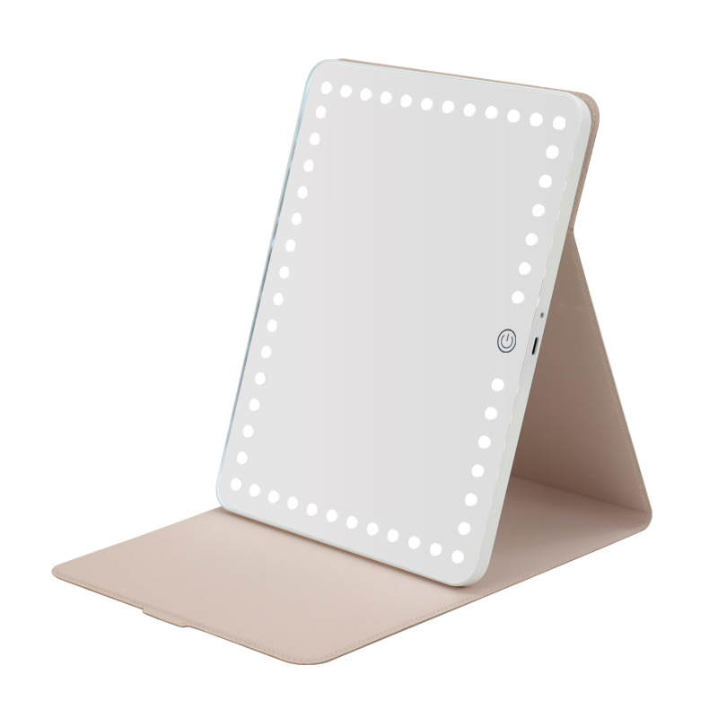 2022 New Tricolor Light Portable Ultra-Thin Compact LED Makeup Mirror with Leather Case Folding Travel Mirror