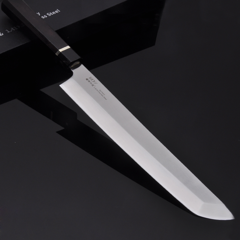 Japanese Sushi Sakimaru Takohiki Knife with Buffalo Horn Copper Ring Handle Saya Sheath