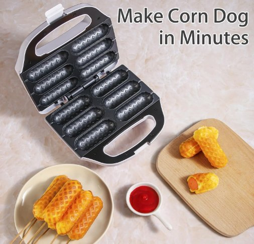 Corn Dog Waffle Maker, Hot Dog Waffle Machine with Non-Stick Coating Plate, Hot Dog Maker Toaster Make 6 Corn Dogs, Make Corn Dog in Minutes, Easy to Clean