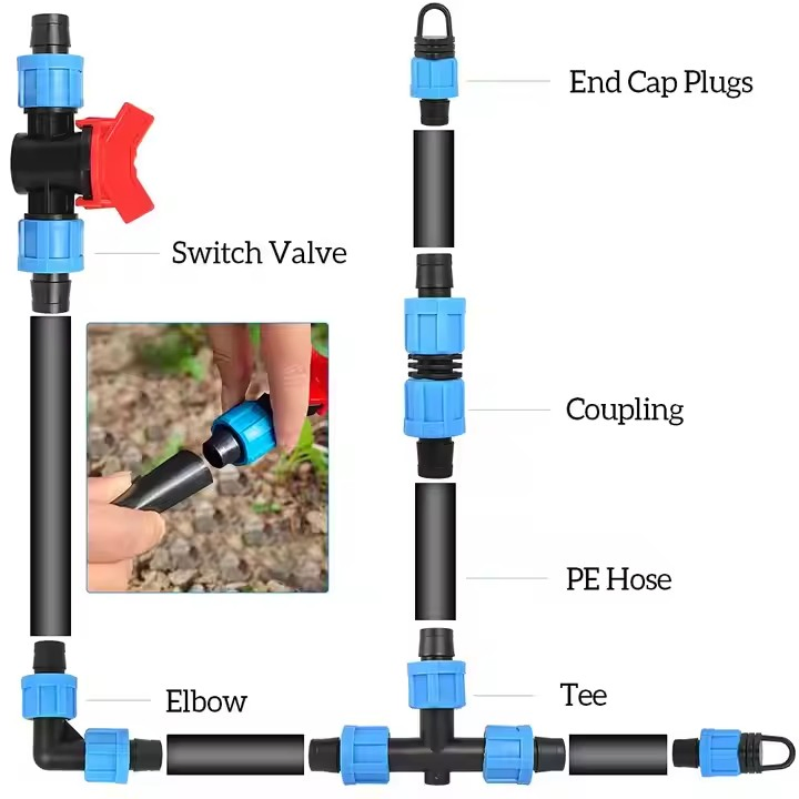 Drip Irrigation Fittings Tee Coupling Mini Offtake Drip Tape Lock Nut Elbow Valve Hose Connectors PE Control 16 17 22mm Plastic Valve Manufacturer