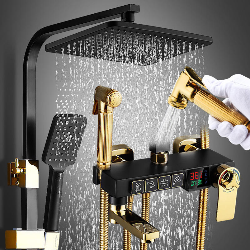 High Quality Black Gold Square Bathroom Shower System Bathtub Mixer Faucet: Thermostatic Shower Set, 304 Stainless Steel Material, Square Shower Head