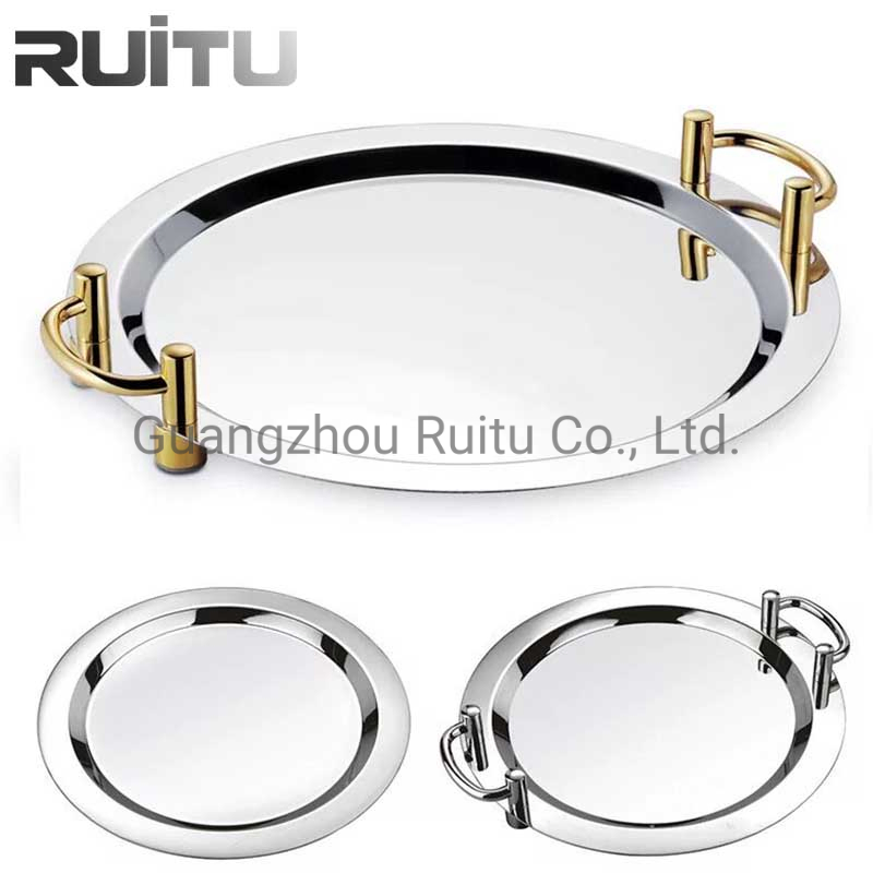 Decorative High Tea Cupcake Baking Steak Fruit Display Mirror Metal Silver Plated Trays for Wedding with Handles Mirrored Oval Serving Stainless Steel Trays