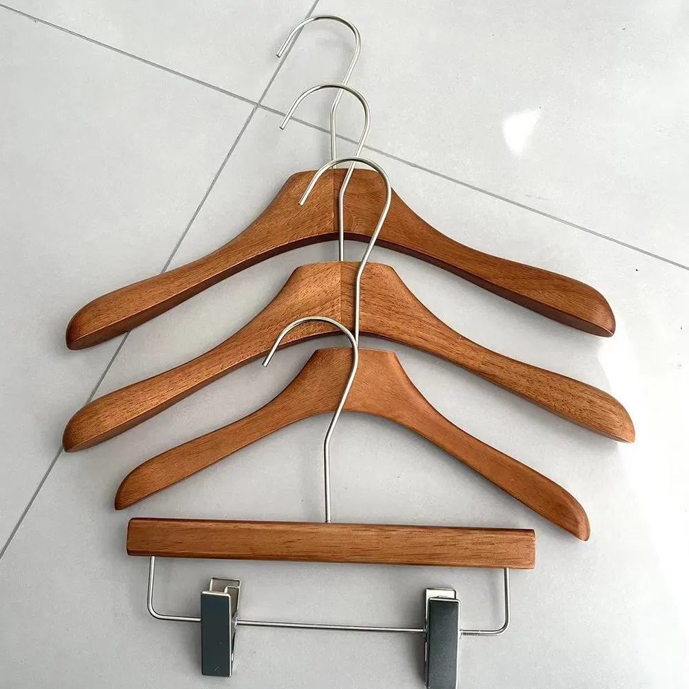 High Quality Wooden Natural Clothes Hangers with Trousers Bar/Durable Metal Pants Clips and Customized Logo for Woman/Man Shirt/Sweater/Coat/Dresses/Socks/Suit