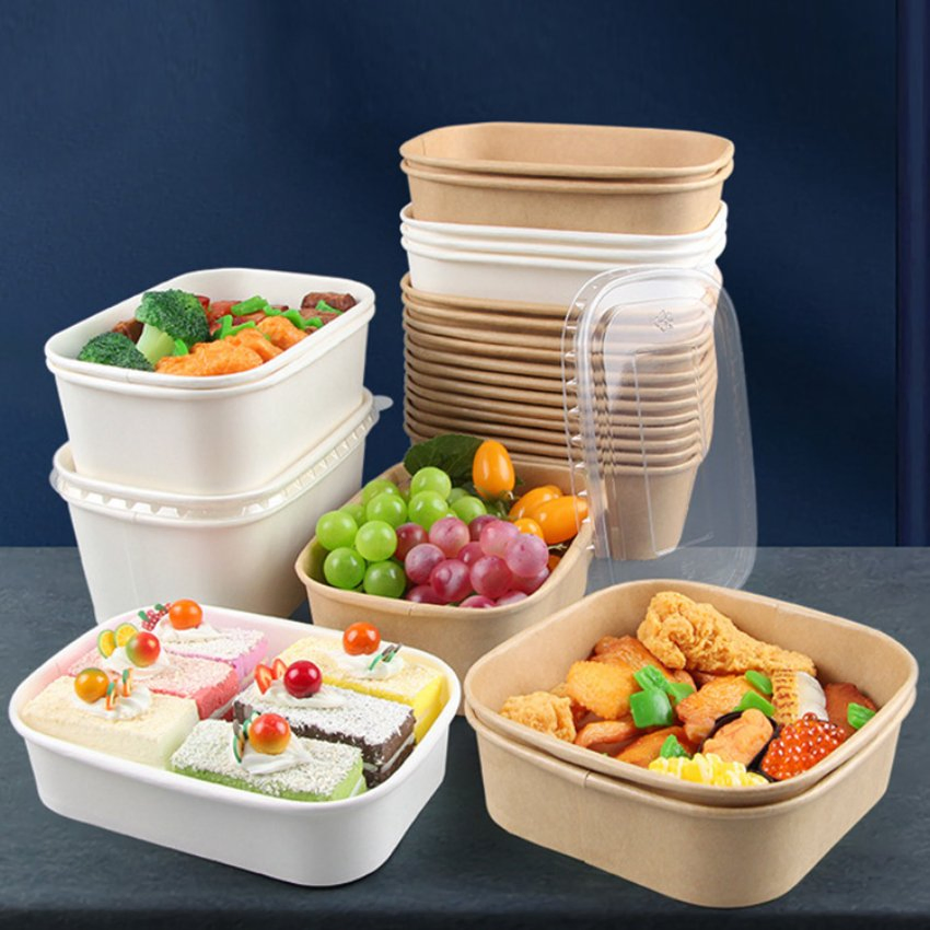 Disposable Fast Food Takeaway Leakproof Rectangle Kraft Paper Bowl with Lid