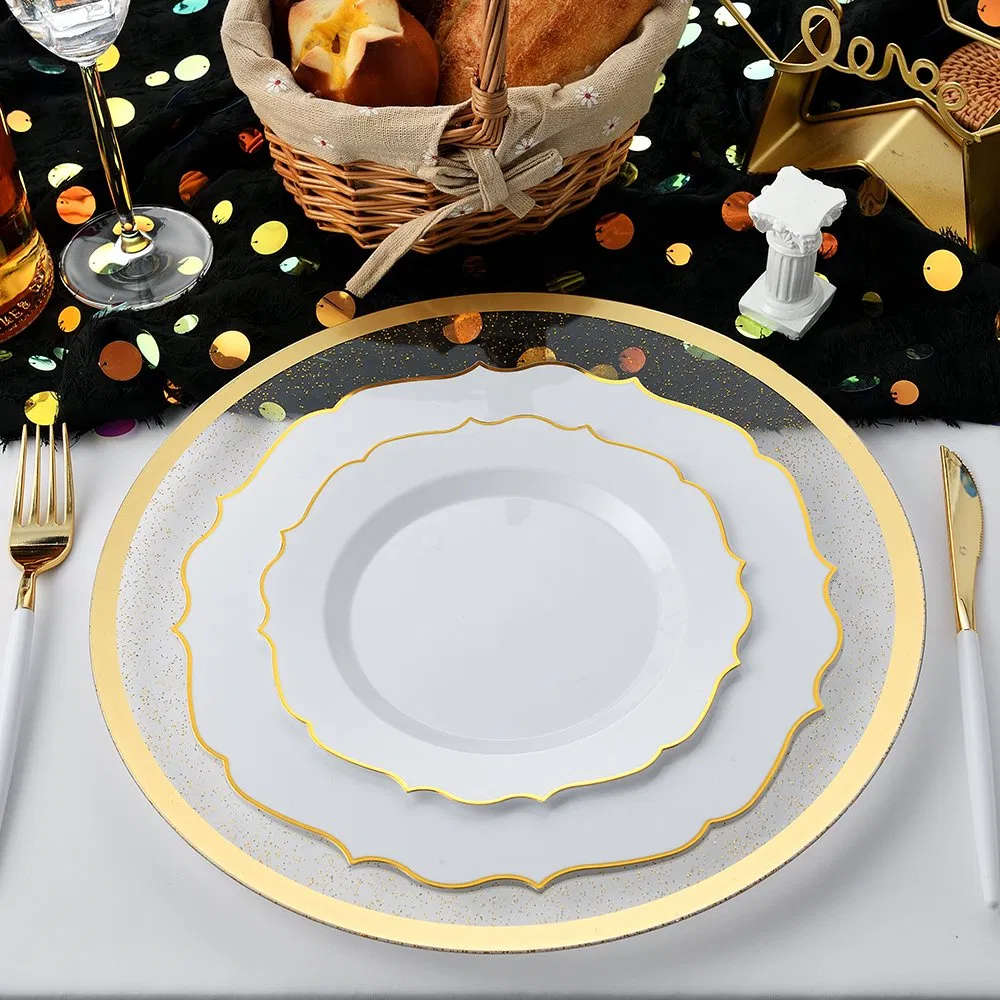 10.25inch Gold Disposable Table Dinner Wedding Decoration White and Gold Plastic Plates for Weddings & Parties & Thanksgiving