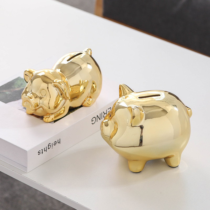 Custom Handmade Crafts for Home Decorations Nordic Electroplated Gold Ceramic Piggy Bank