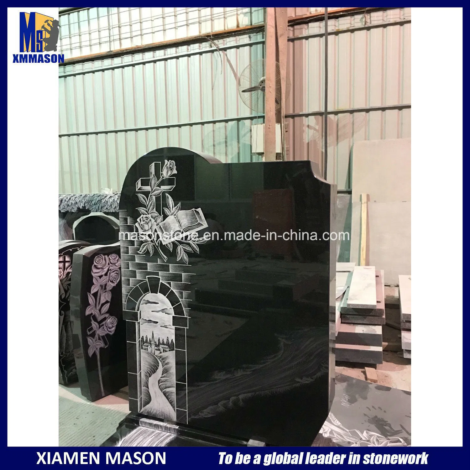 Mason France Headstone with Line Carving in Juparana Indian