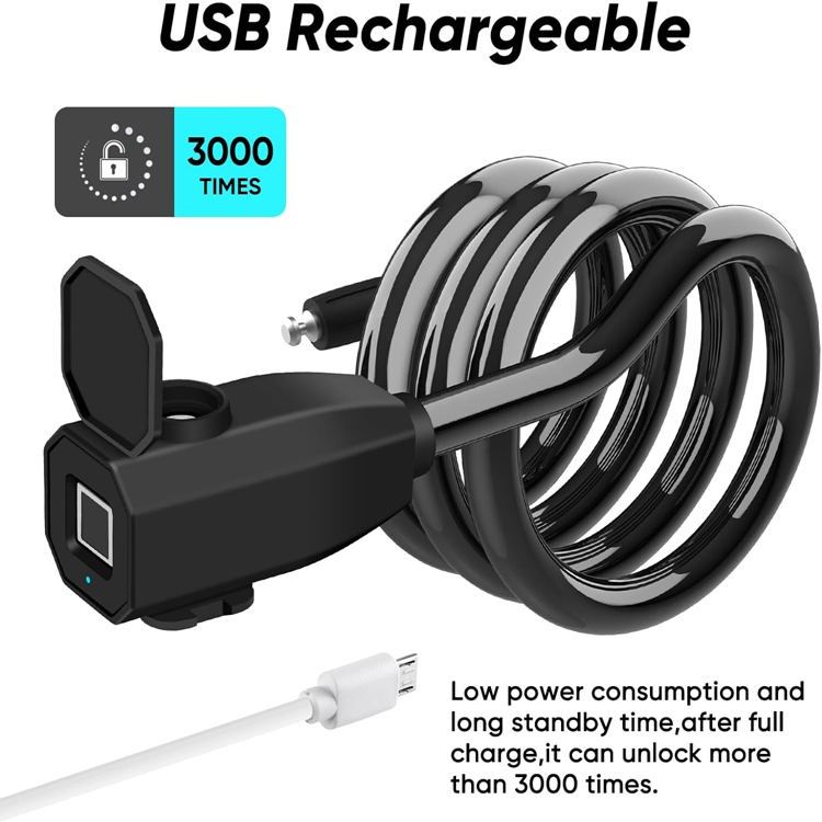 Yh3239 1.5 Meter Waterproof Anti-Theft USB Charging Keyless Fingerprint Bicycle Lock