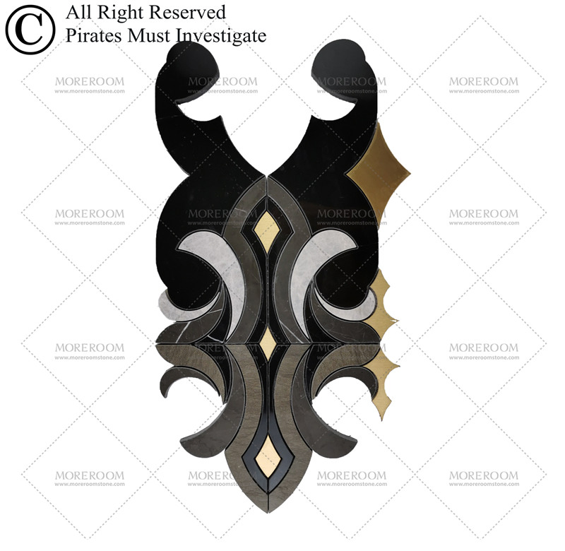 Мозаика из мрамора Water Jet Black Grey с латунной инкрустацией