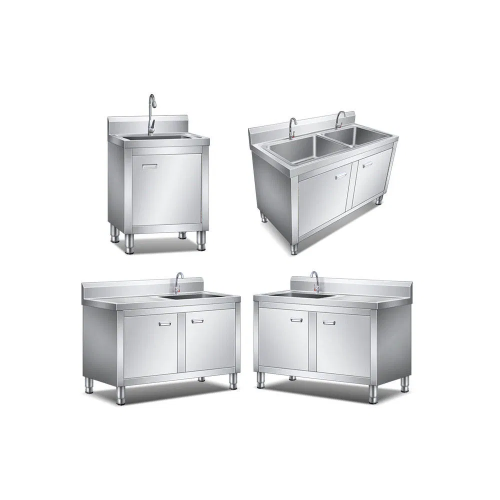 Commercial Kitchen Stainless Steel Counter Worktable with Sink and Base Cabinet