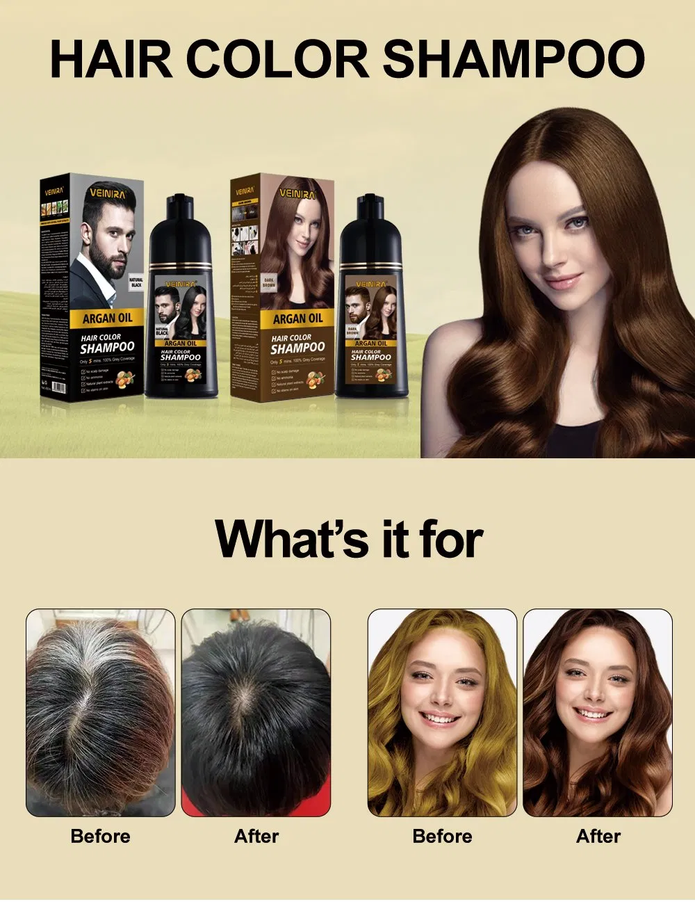 Veinira Popular Shampoo Hair Color for Salon & Home Use Botanical Formula Cover Grey Hair Tintes Para EL Cabello