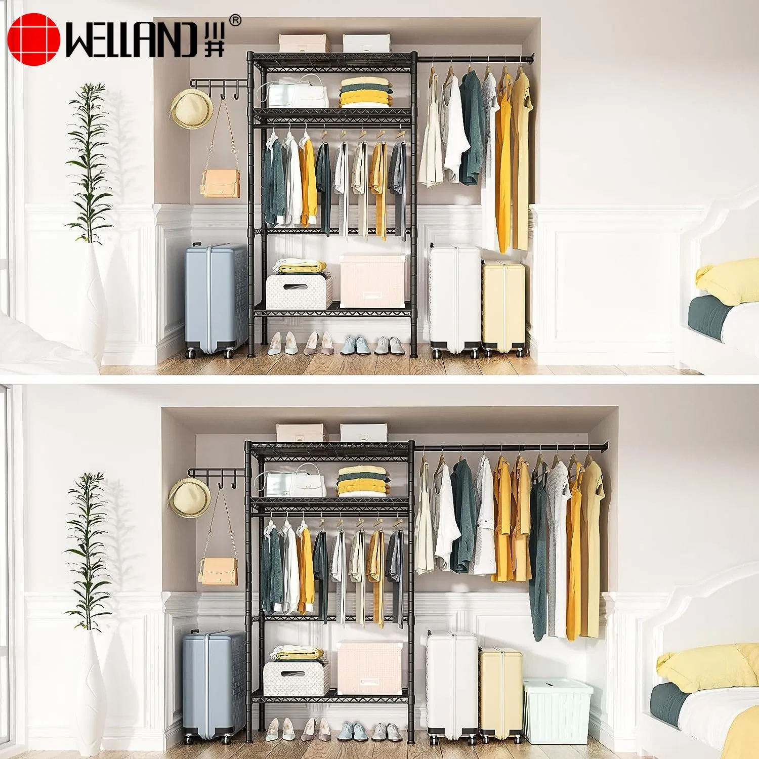 Laundry Room Washing Machine Storage 2 Hanging Clothing Drying Rack with 3 Wire Shelves