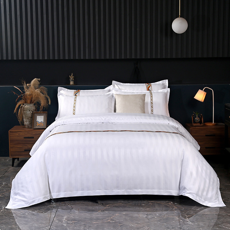 Wholesale Hotel Chain Bedding 40s Cotton Satin Stripes Quilt Comforter Duvet Cover Flat Sheet Five-Star Hotel Four-Piece Bed Cover Bed Sheets Bedding Set