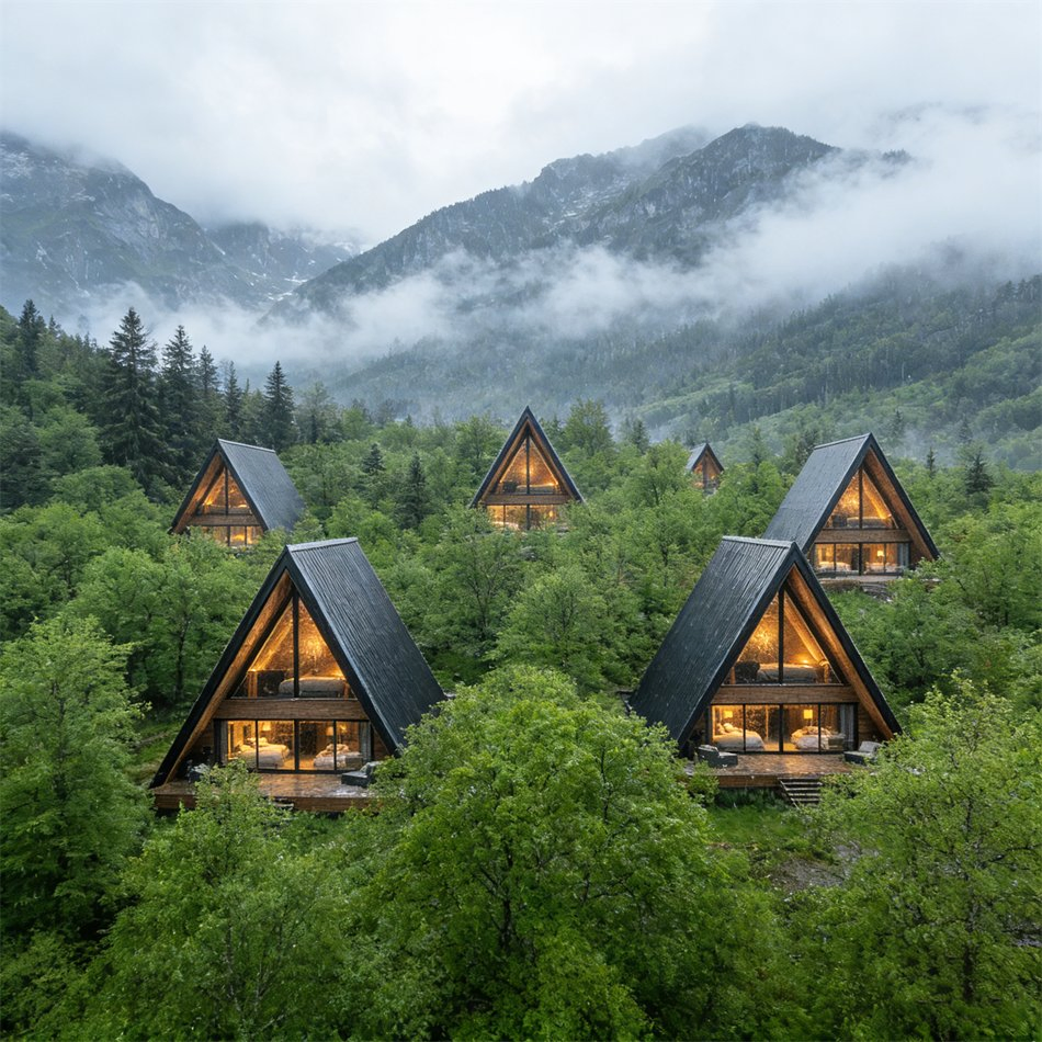 Modular a Frame Prefab House Hotel Room with Quick Installation for Campsite Resorts, Airbnb Style Rentals and Scenic Eco-Lodges Accommodation