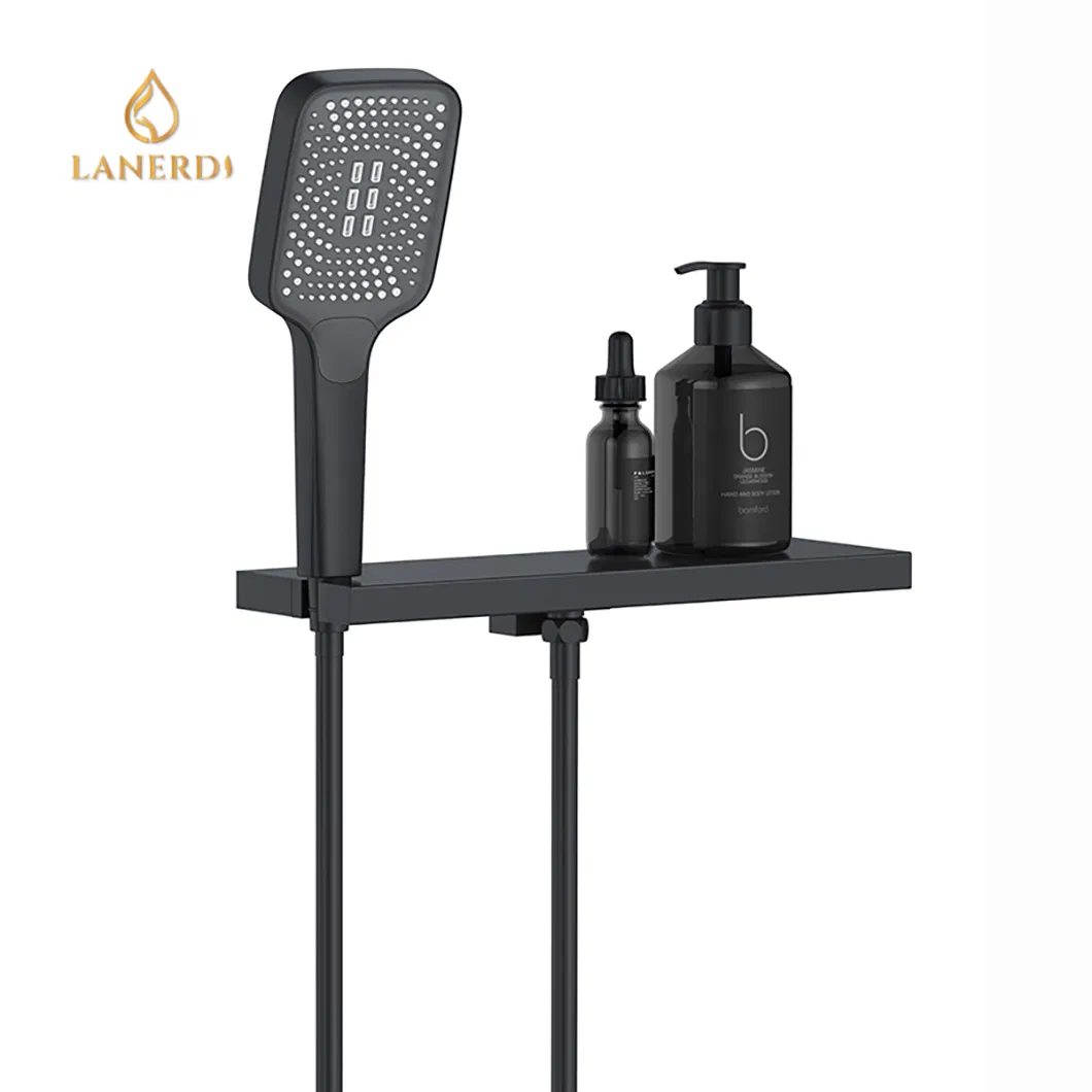 Upc Bathroom Shower Faucet Wall Mounted Rain Shower System with Storage Rack Black 3 Functions Control Panel Thermostatic Concealed Shower Head Shower Set