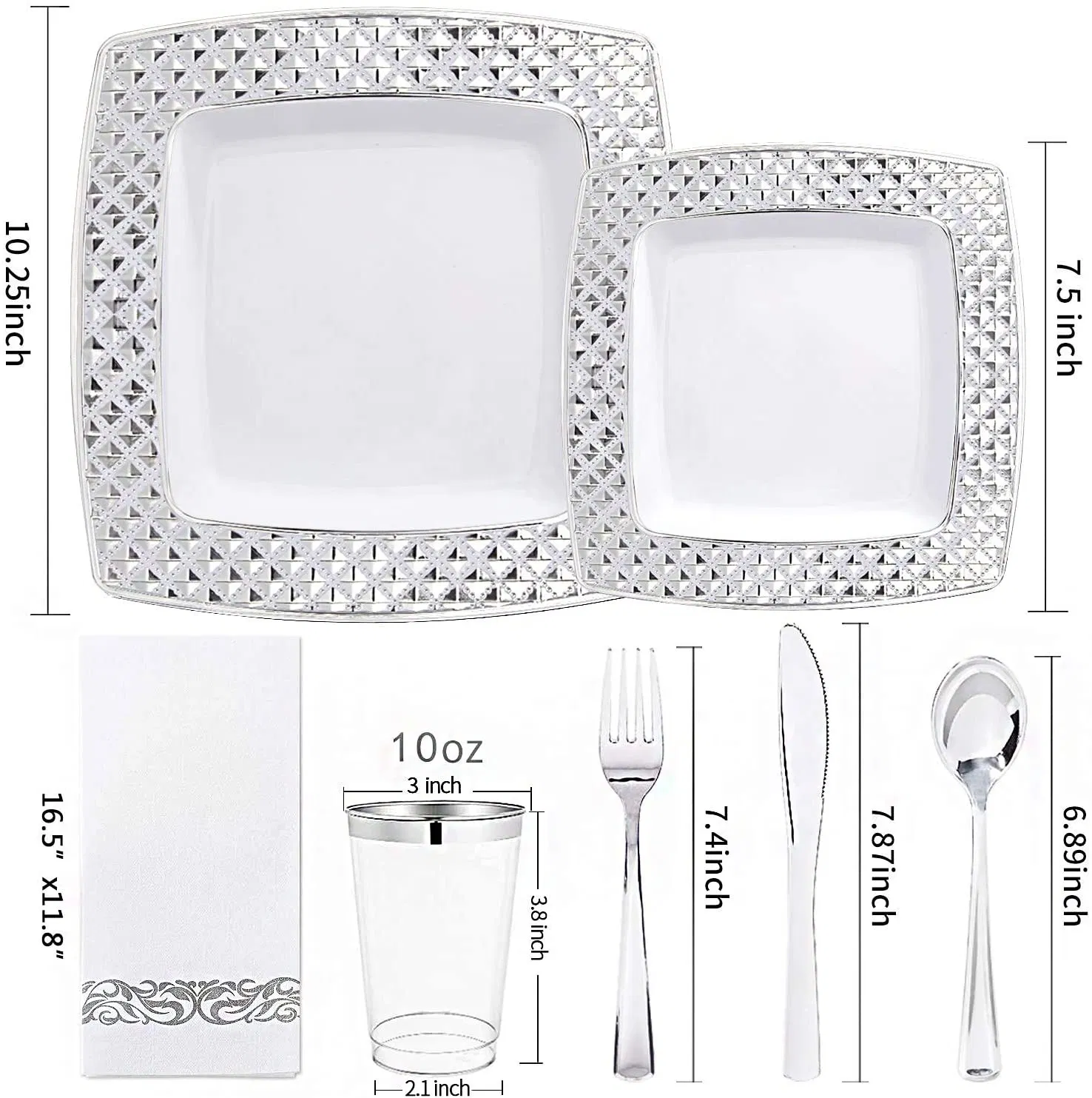 Luxury Silver Plastic Plate Set Gold Cutlery Set with Plate for Wedding Square Disposable Plate