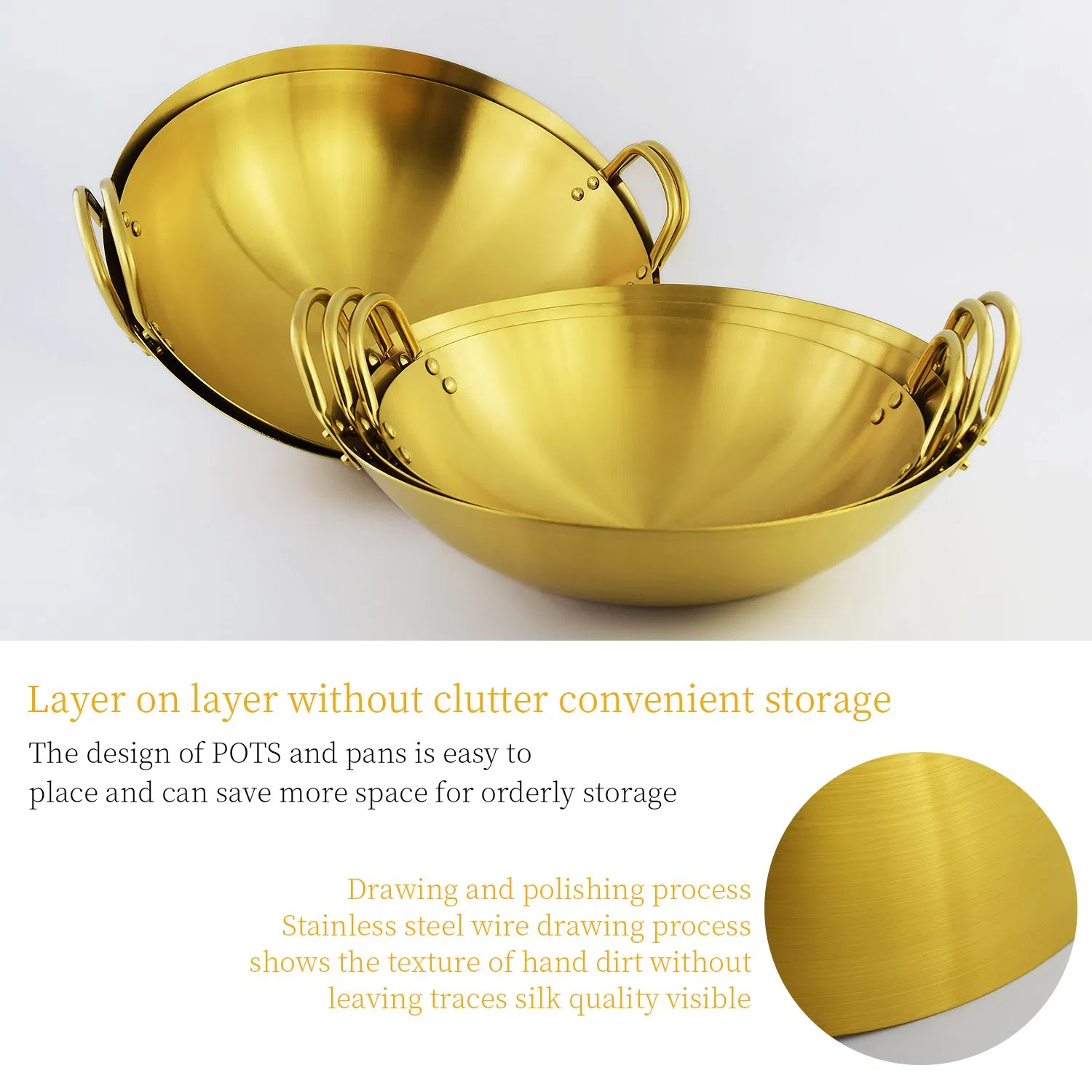 Thickened Stainless Steel Round Bottom Double Rivet Two Ear Dry Pan