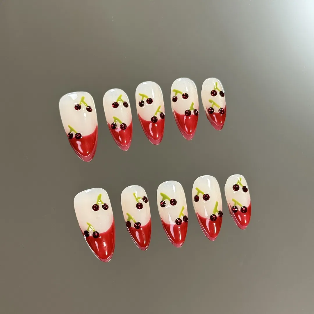 Luxury Red Cherry Nails Tips Fake Nails Removable Full Cover Almond False Nail Press on Nail