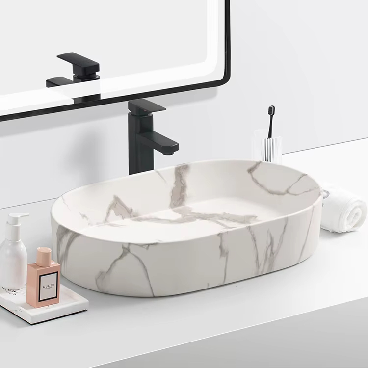Bathroom Ceramic Basin White Marble Round Sink Art Basin