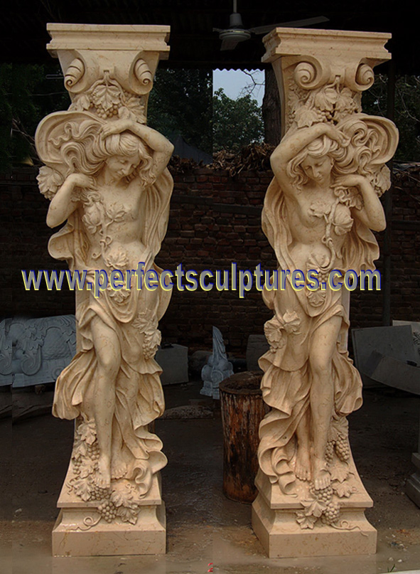 Outdoor Garden Ornament Luxury Decorative White Stone Pillars Carved Marble Column with Figure Statue (QCM258)