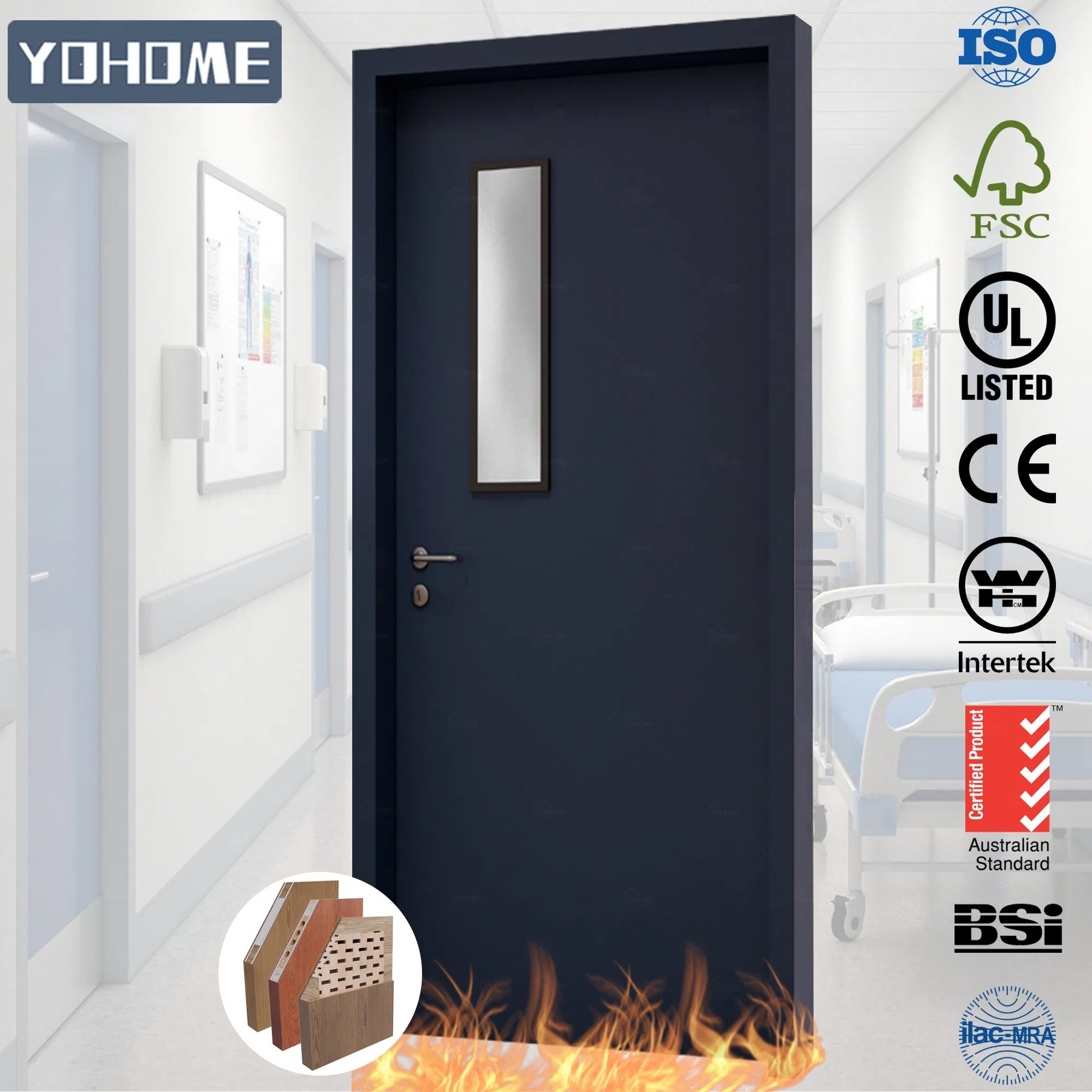 UL/CE/as School Hospital Condo Hotel Commercial Building Project Commercial Fire Rated Door Wooden Fire Door with Fixed Panel
