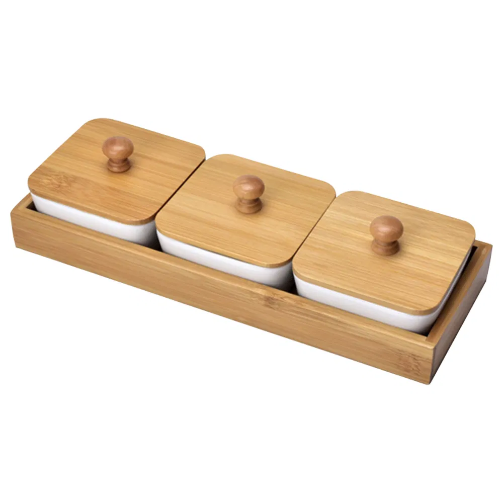 OEM Ceramic Appetizer Snack Serving Tray Compartment Ceramic Condiments Serving Platter with Bamboo Lid and Pallets for Snacks