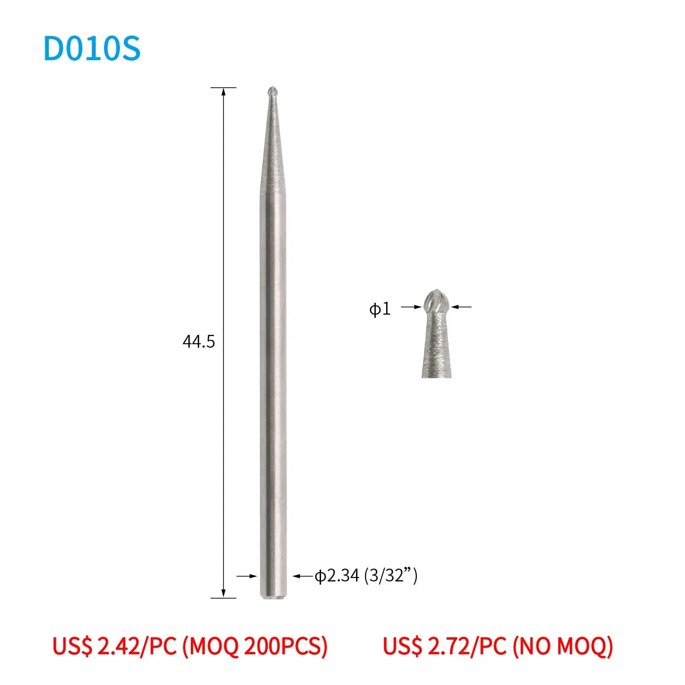 D010s Mini Round Ball Carbide Nail Drill Bit