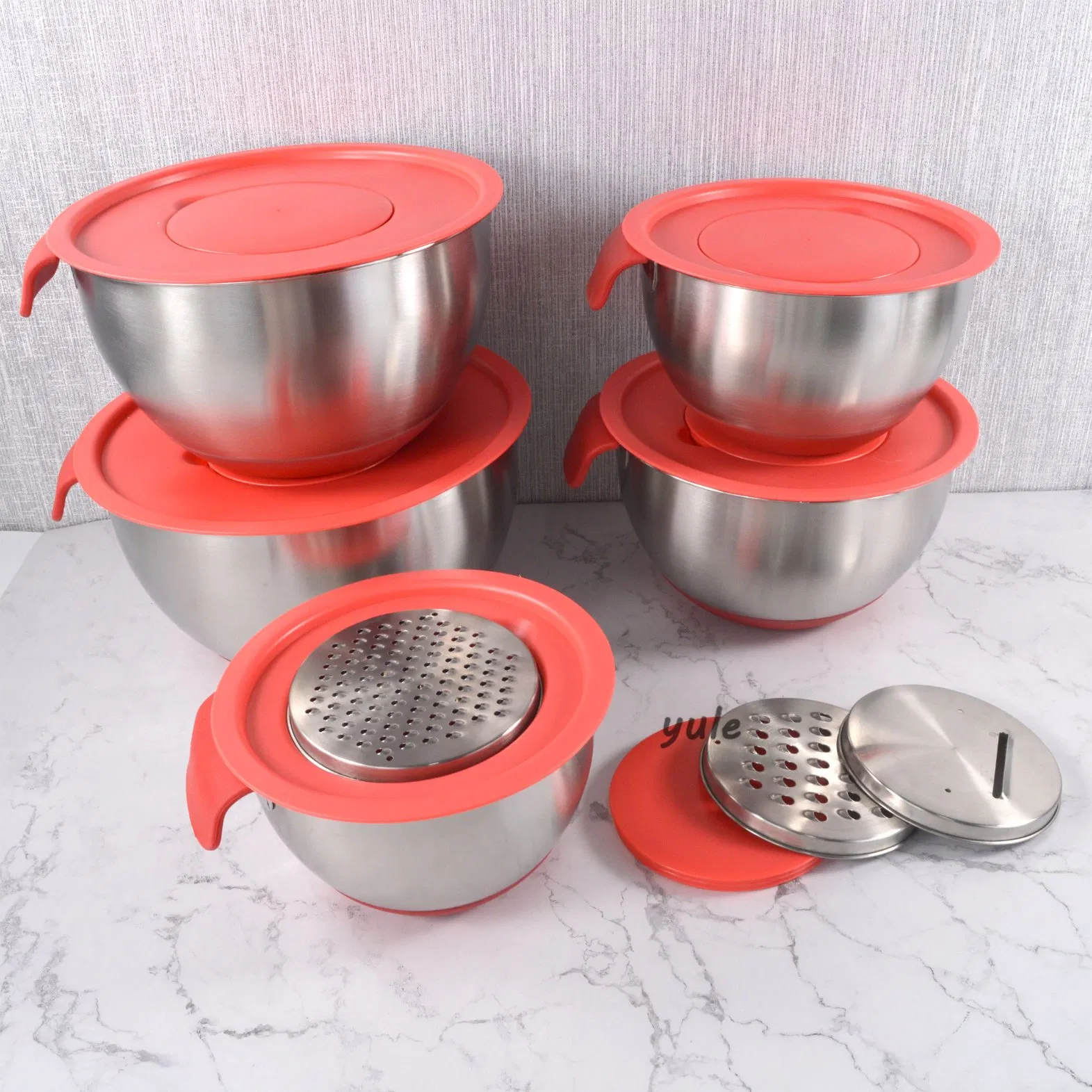 Factory Wholesales Long Handle Stainless Steel Salad Mixing Bowl with Grater Lid
