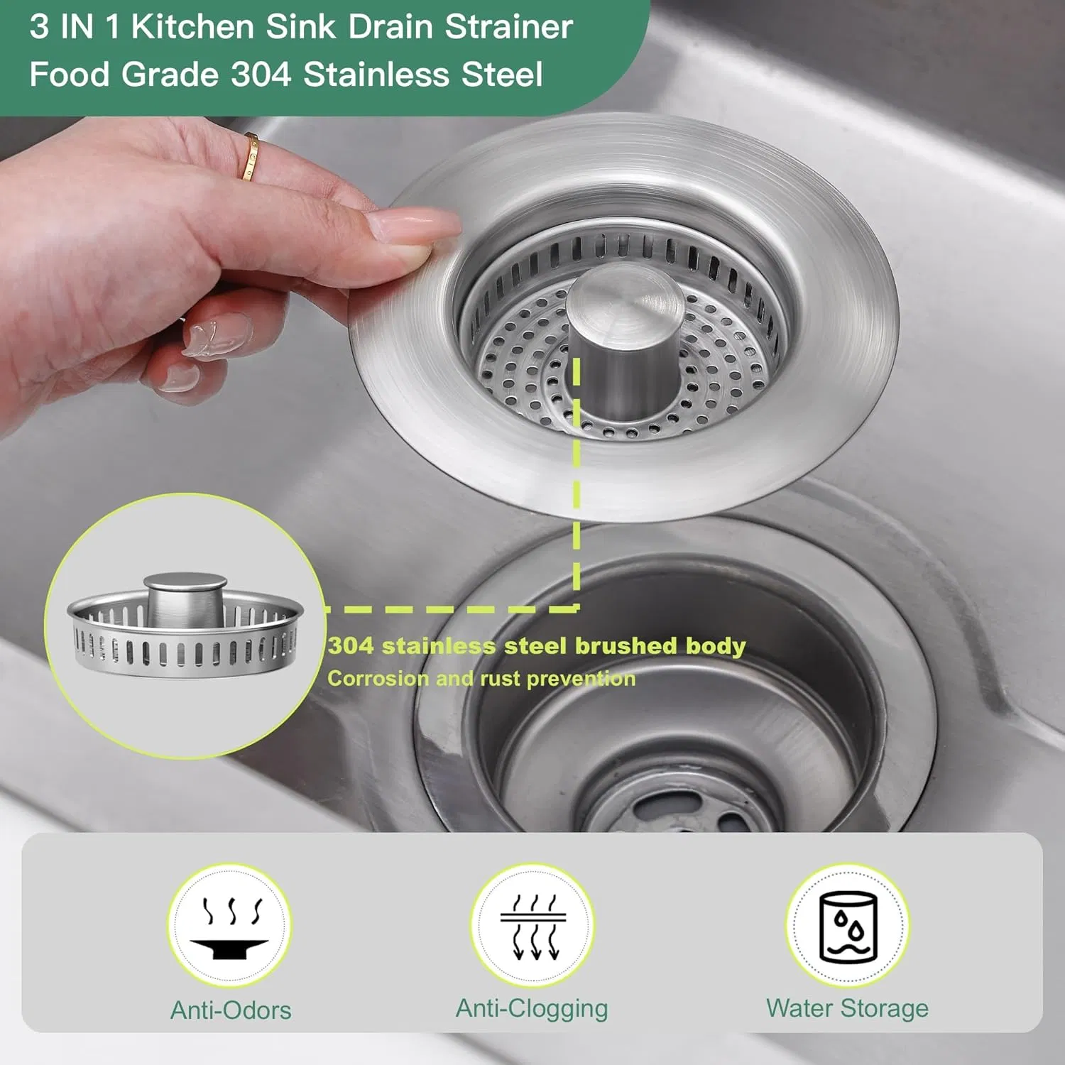 Sink Drain Strainer, 304 Stainless Steel Pop up Sink Stopper, Anti-Clogging Drain Stopper, Strainers for Sink, Drain Cover Sink Accessories for Standard Sink