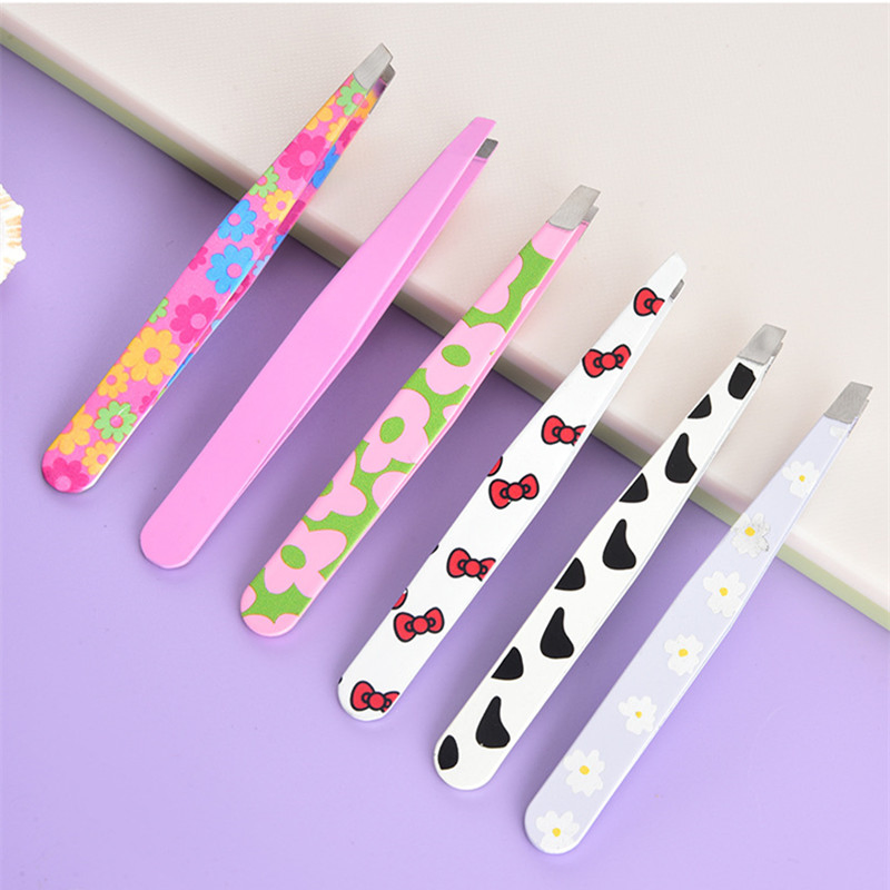 Custom Printed Stainless Steel Straight Slanted Tip Beauty Eyebrow Eyelash Extension Tweezers