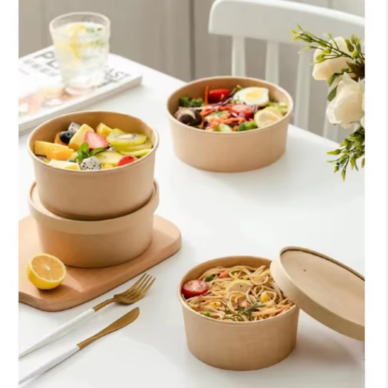 Disposable Take Away Kraft Paper Instant Noodle Containers Hot Soup Cups Salad Bowl with Lids