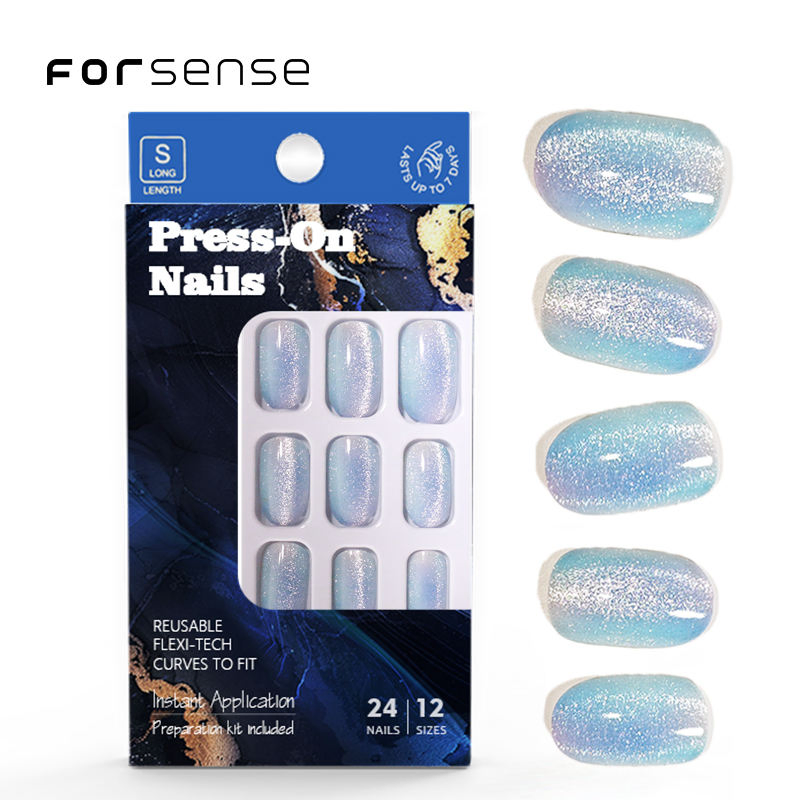 Wholesale Sky Blue Bling Cat Eye Oval Press-on Nails