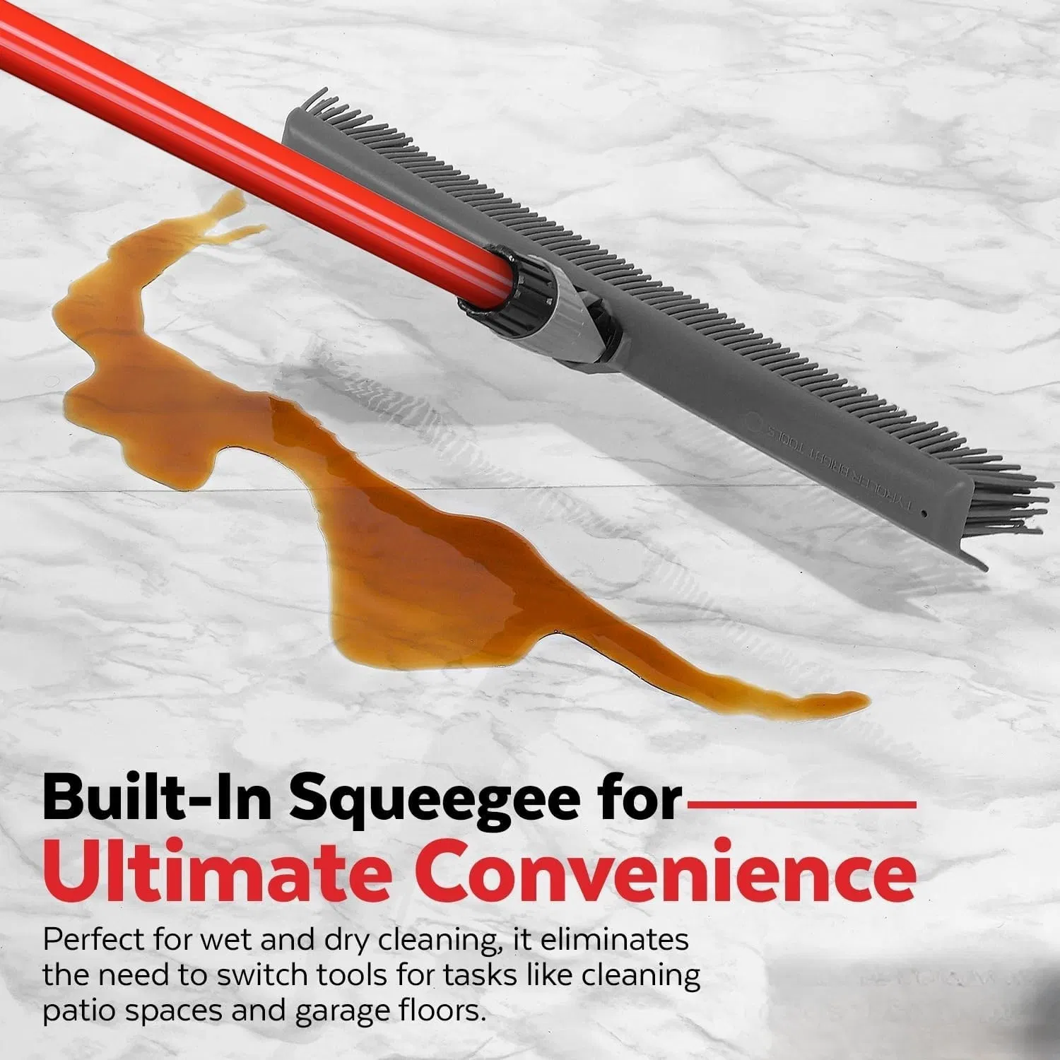 2-in-1 Silicone Rubber Broom Carpet Rake and Squeegee - Swivel Pet Hair Removal Broom with Long Handle - Slanted Side Bristles for Corners - Multipurpose Rubber