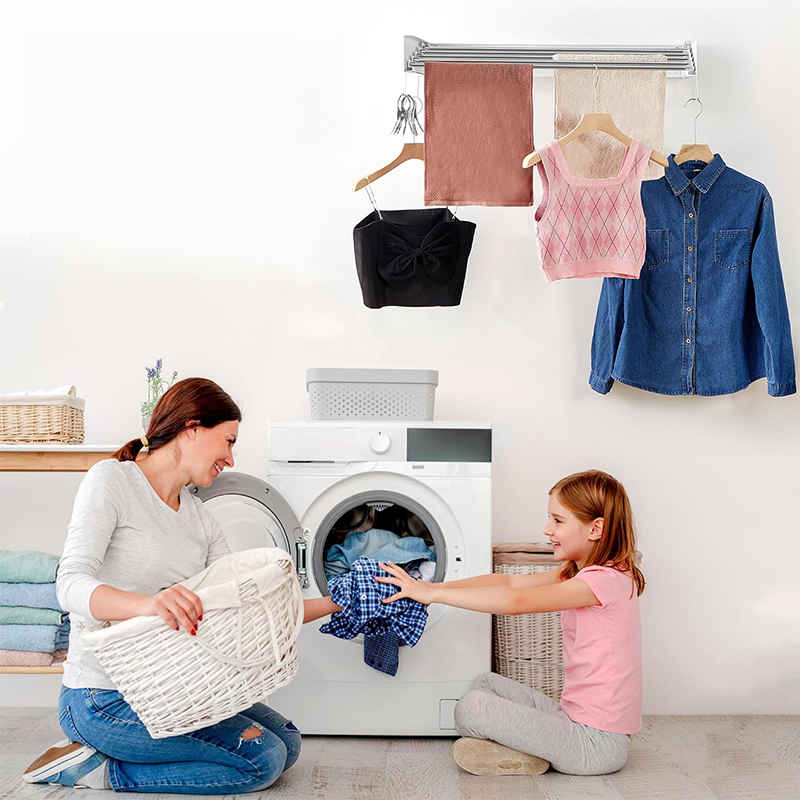 Indoor Outdoor Expandable Laundry Drying Rack Collapsible Wall Mounted Cloth Clothes Drying Hanging Rack with 2 Towel Handles