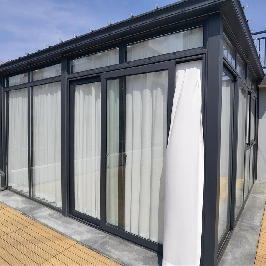 Custom 4 Season Aluminum Frame Glass Villa Courtyard Flat Roof Tempered Glass Design Greenhouse Sunroom