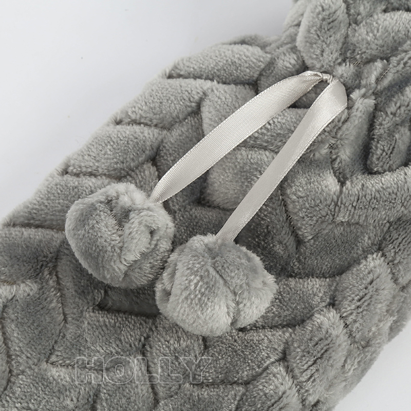 Super Soft Flannel Covered Rubber Long Hot Water Bottle 2L with Pompoms