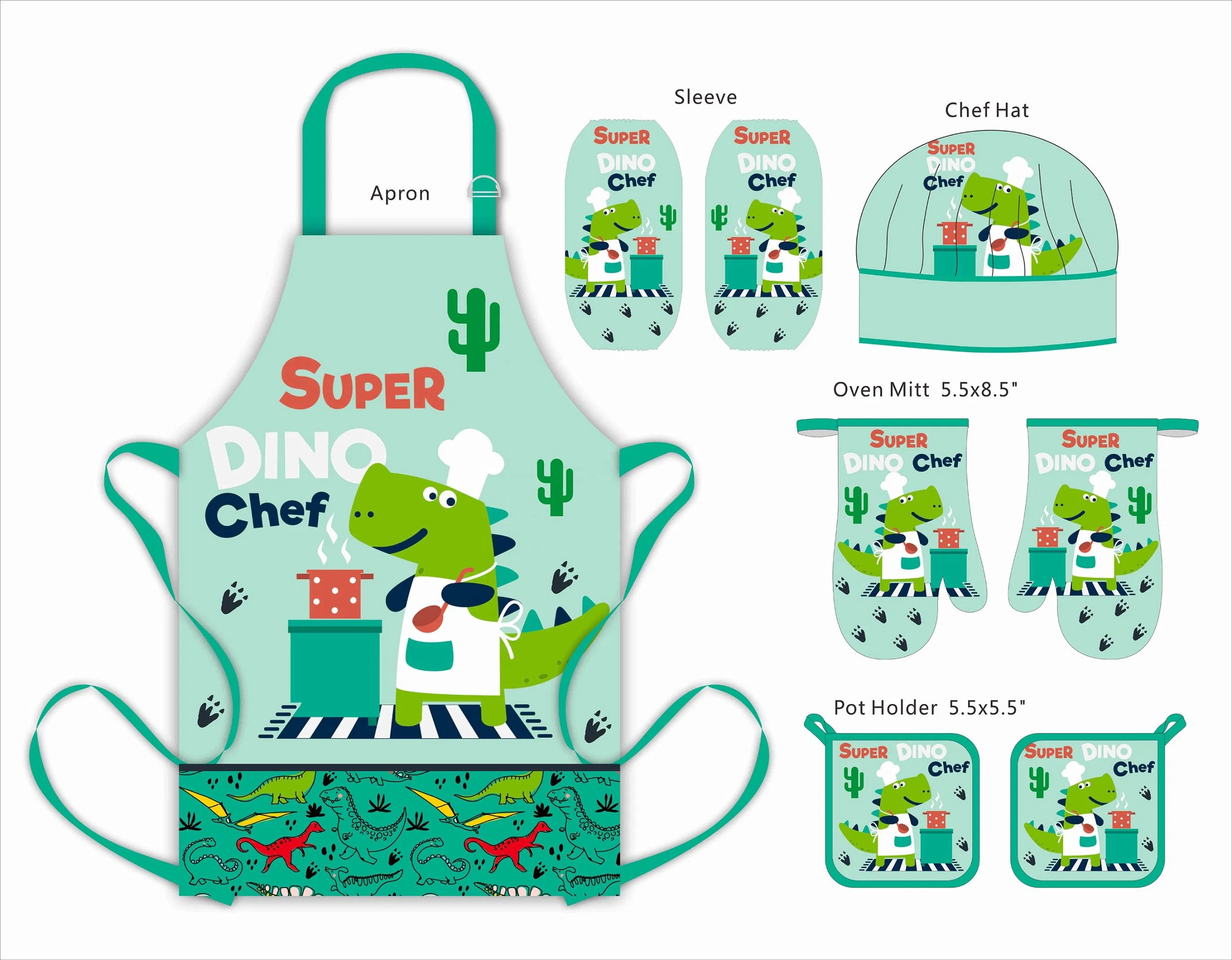 Kids Apron Set Super Dino Printed Chef Costume Set for Kids