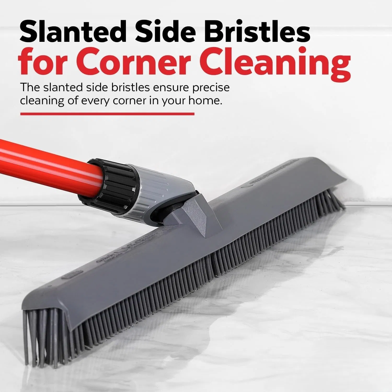 2-in-1 Silicone Rubber Broom Carpet Rake and Squeegee - Swivel Pet Hair Removal Broom with Long Handle - Slanted Side Bristles for Corners - Multipurpose Rubber