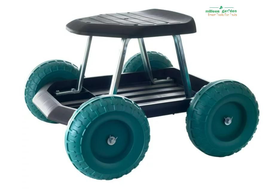 Swivel Seat and Utility Basket Garden Cart Rolling Scooter with Extendable Steering Handle
