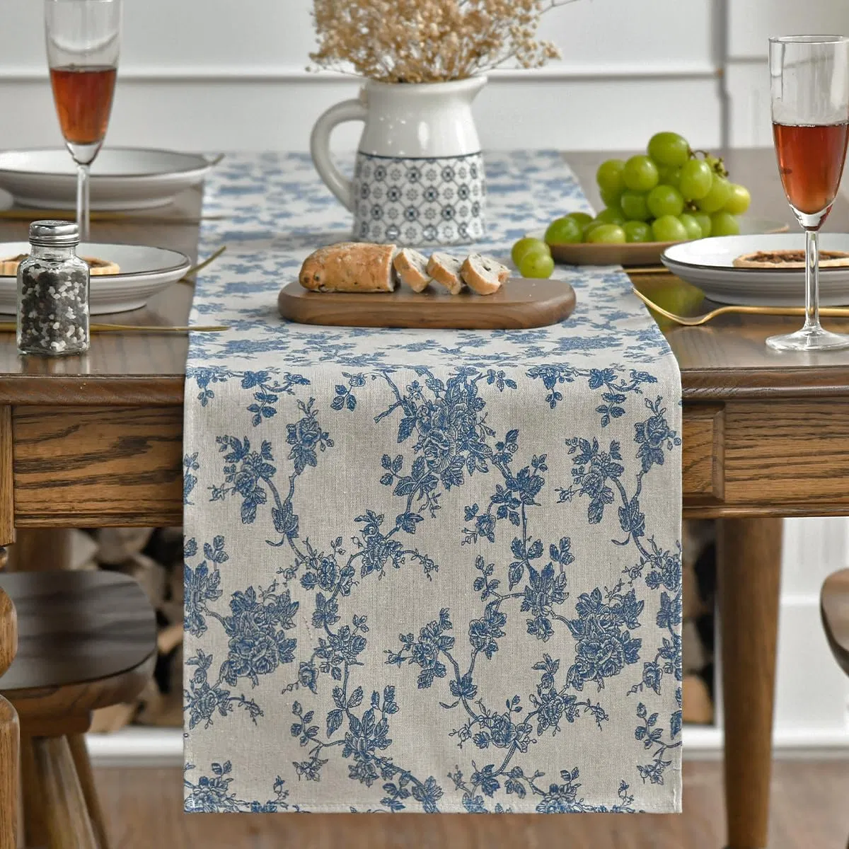 Monochrome Sketch Branch Toile Textures Chinoiserie Cotton Dark Grey Table Runner
