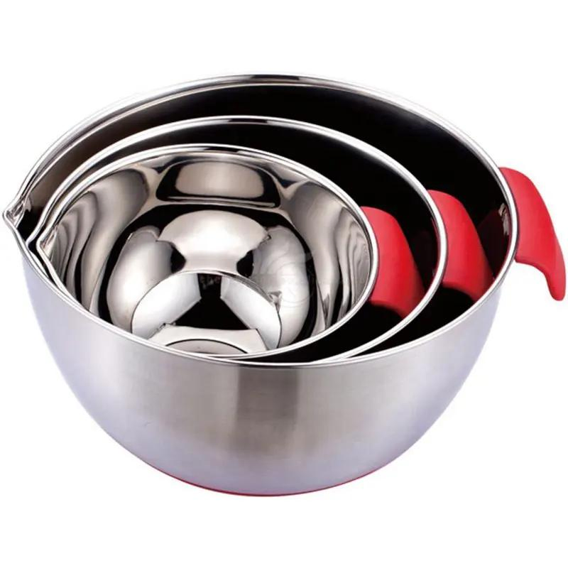 Kitchenware 3PCS Salad Bowl Stainless Steel 304 Mixing Bowl with PE Lid and Silicone Handle