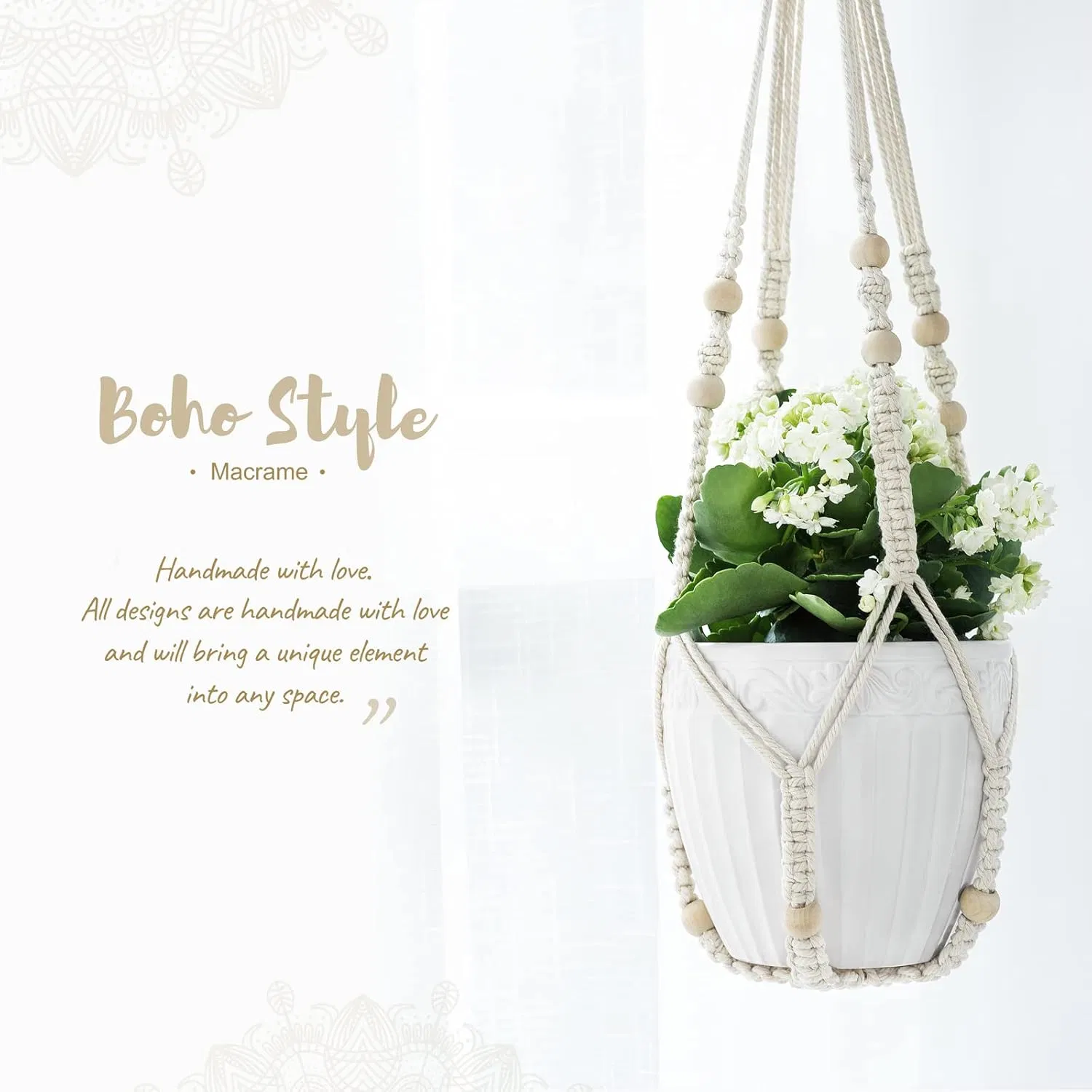 Macrame Plant Hanger Indoor Hanging Planter Basket with Wood Beads Decorative Flower Pot Holder